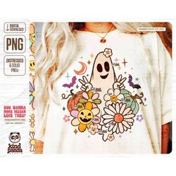 retro halloween png sublimation / floral ghost dtf transfer / spooky flowers / fall shirt design, groovy hippie let's go