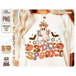 stay spooky png, retro halloween sublimation, groovy fall shirt design, floral hippie ghost dtf transfer, retro autumn v