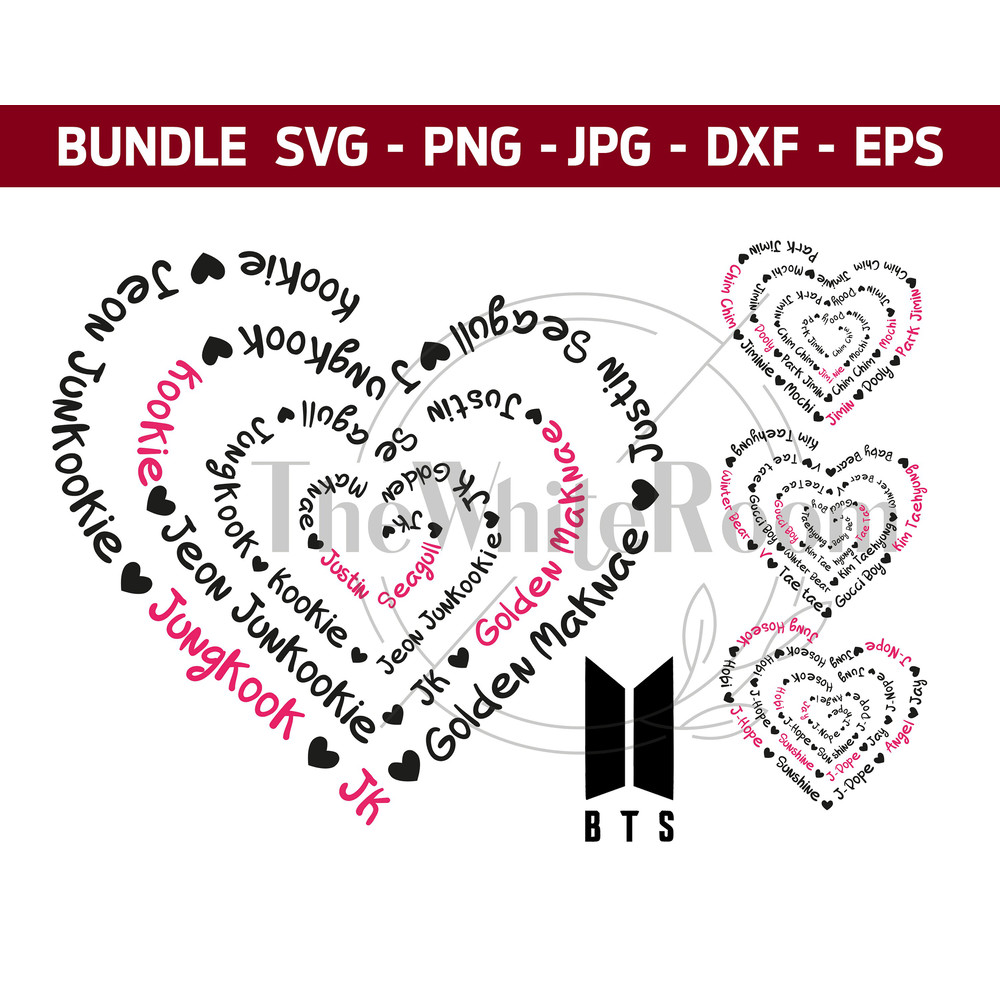 BTS Bundle - SVG heart with nicknames Instant download Bangtan png, jpg, dxf, eps file Cricut, Silhouette, Cameo cut file - 1.jpg