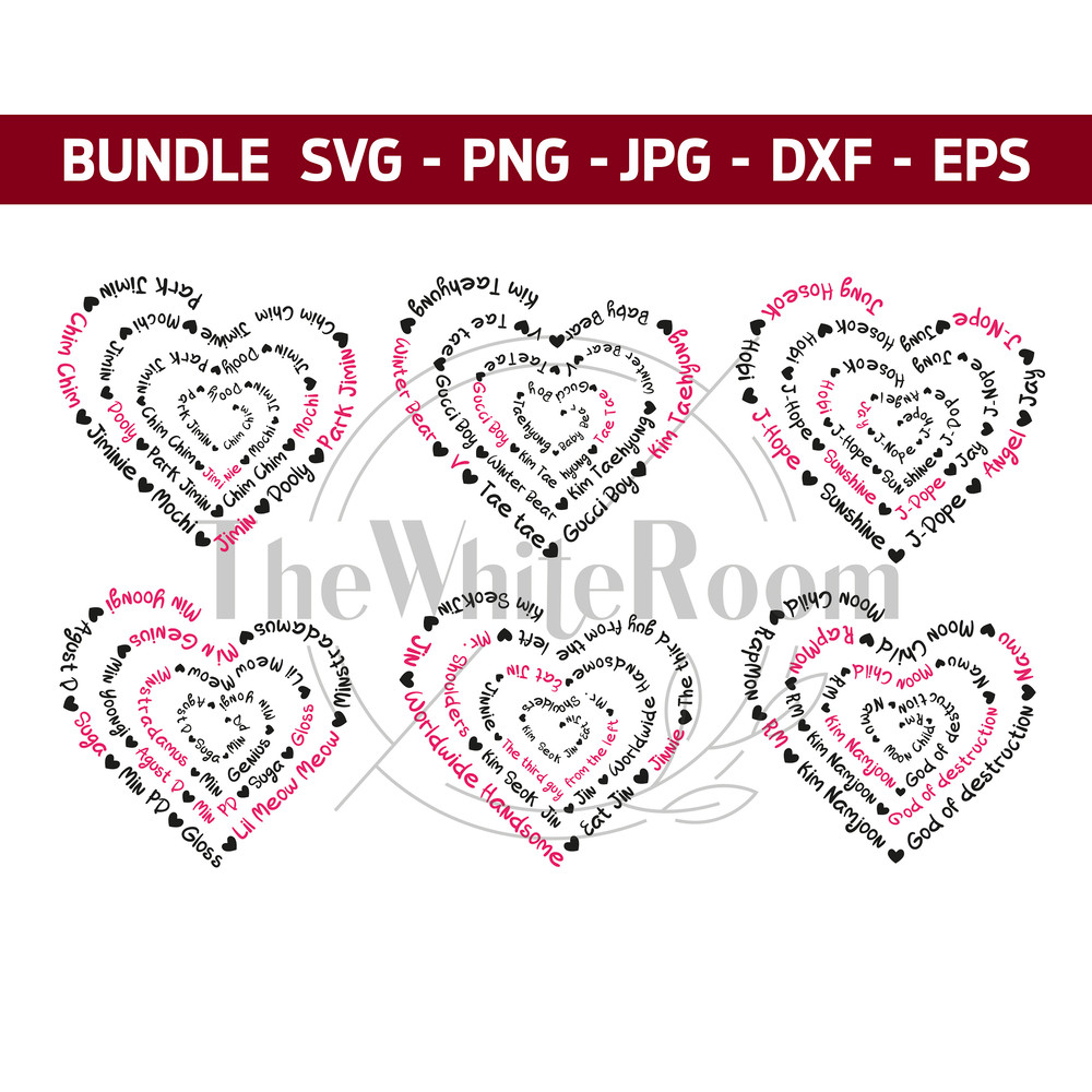 BTS Bundle - SVG heart with nicknames Instant download Bangtan png, jpg, dxf, eps file Cricut, Silhouette, Cameo cut file - 2.jpg