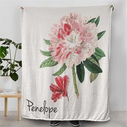 rhododendron flower branch decoration, custom name blanket for her, gifts for newlyweds, floral prints, decor for home,
