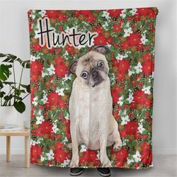 Personalized Christmas Themed Pet Photo Blanket, Poinsettias and Winter Flowers, Cozy Plush Fleece Throw Gifts for Pet L