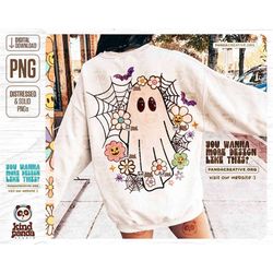 cute floral ghost png, retro halloween sublimation, groovy halloween shirt dtg design, grunge spooky season, boho ghoul