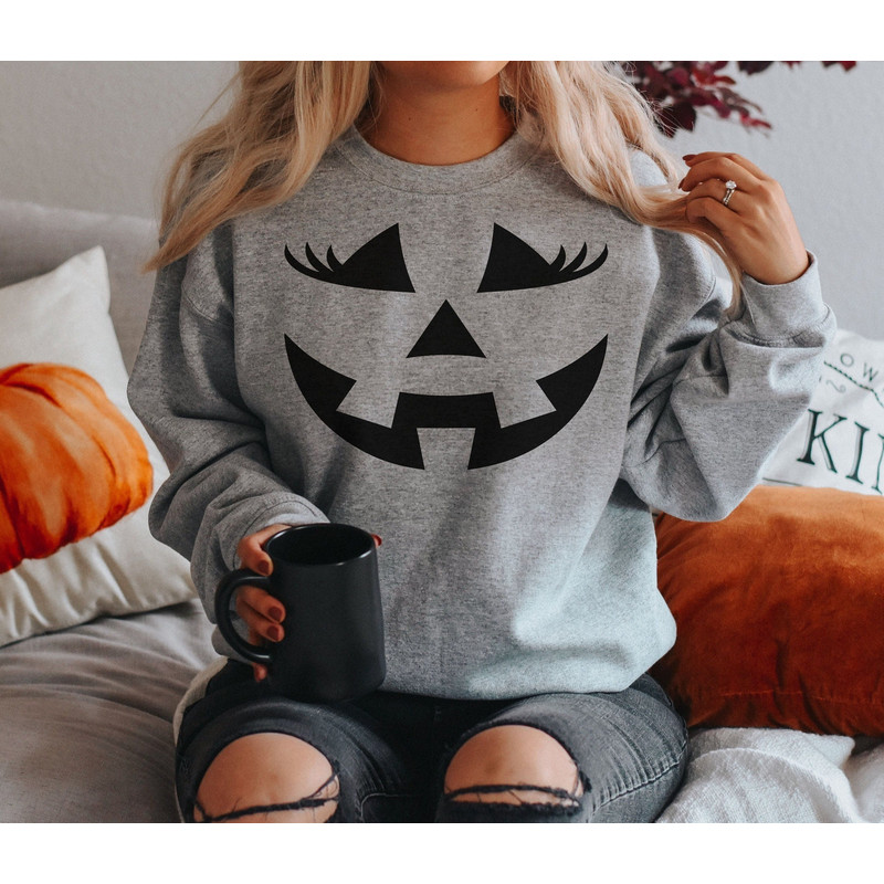Womens Jack-O-Lantern Shirt, Pumpkin Face Sweatshirt Jackolantern Funny Halloween Shirts for Women, Halloween Crewneck Sweatshirt for Women - 2.jpg