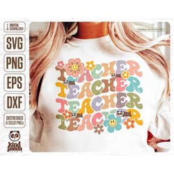 retro floral teacher png svg, wavy font teacher shirt sublimation, smile face teacher, groovy flowers, boho educator dtf