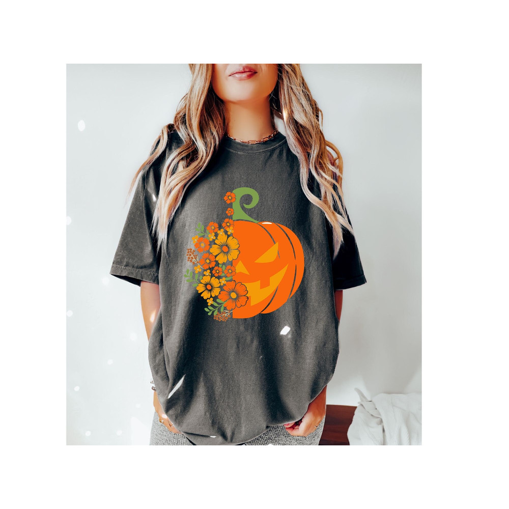 Comfort Colors Floral Pumpkin Shirt,Gift For Her, Trendy Shirts, Cute FallShirt,ChristmasShirt,HalloweenGift,HolidayApparel,VintageHalloween - 1.jpg