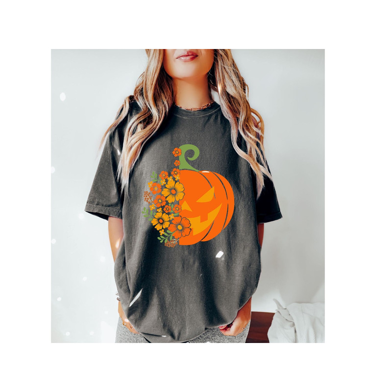 Comfort Colors Floral Pumpkin Shirt,Gift For Her, Trendy Shirts, Cute FallShirt,ChristmasShirt,HalloweenGift,HolidayApparel,VintageHalloween - 1.jpg