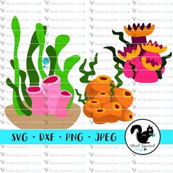 under the sea, seaweed, coral flowers, tube sponge, shark mermaid party svg, clipart, print and cut file, stencil, silho