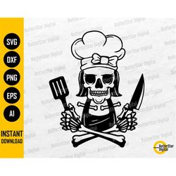Female Chef Skeleton SVG | Cook SVG | Kitchen SVG | Restaurant Cafe Fry Knife Food Skull | Cut Files Clip Art Vector Dig
