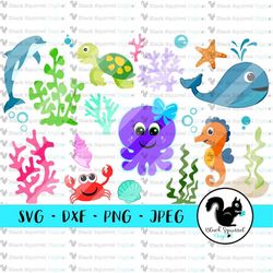 under the sea bundle, mermaid party svg, seahorse, sea life, ocean animals, clipart, print and cut file, stencil, silhou