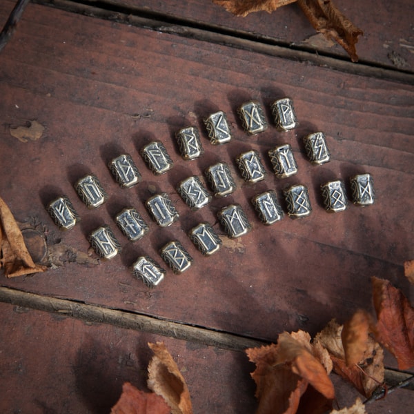 Blue Rune Bead set of rune beads in brass. Scandinavian runes futhark. DIY - Inspire ...