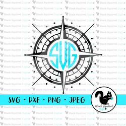 monogram compass rose frame, wanderlust, adventure, nautical lake decal svg, clipart, print and cut file, stencil, silho