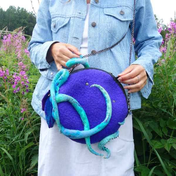 turquoise tentacles on purple felt bag.jpg