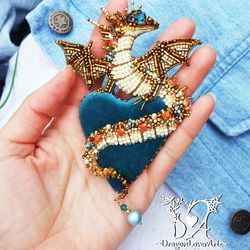 Golden Dragon Velvet Heart Beads Embroidery Brooch