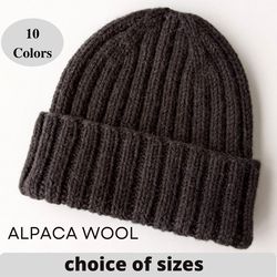 Mens alpaca wool beanie, Rib Knit hat for men, Winter hand knitted cap