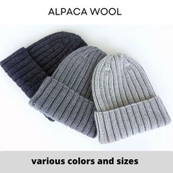 Custom mens alpaca beanie, Rib Knit cap for men, Hand knitted winter hat, fisherman beanie