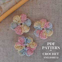 Crochet small flower pattern, Floral applique DIY for beginners, Crochet daisy detailed pattern pdf.