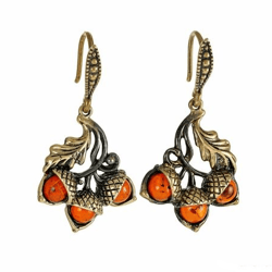 Baltic Amber Acorns Earrings Autumn Oak Leaves Jewelry Antique Gold dangle Hook Earrings Amber jewelry gift for women
