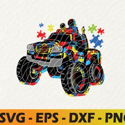 monster truck with autism puzzle background love acceptance svg, eps, png, dxf, digital download