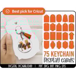75 keyring display card svg bundle, keyring display card template, keychain packaging, key ring tag, keychain holder svg