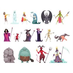 hand drawn evil characters svg bundle villains illustration set witch stepmother queen vampire stone man dragon clipart