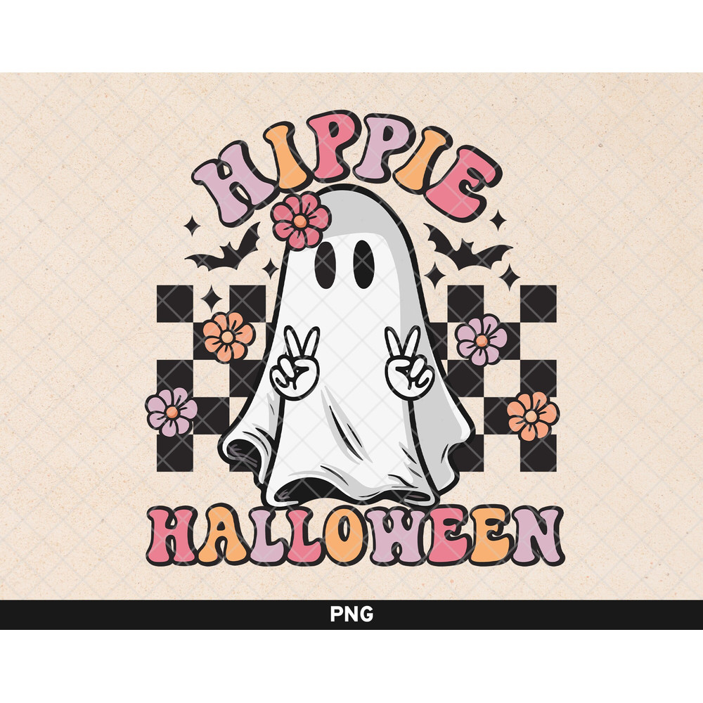Hippie Halloween png, Retro Ghost png, Retro Halloween Design, Cute Ghost Flowers png, Spooky Ghost png, Cute Halloween Sublimation Design - 1.jpg