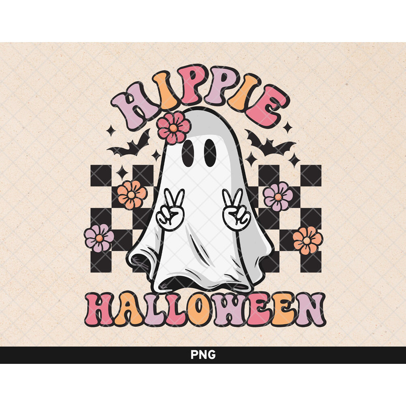 Hippie Halloween png, Retro Ghost png, Retro Halloween Design, Cute Ghost Flowers png, Spooky Ghost png, Cute Halloween Sublimation Design - 1.jpg