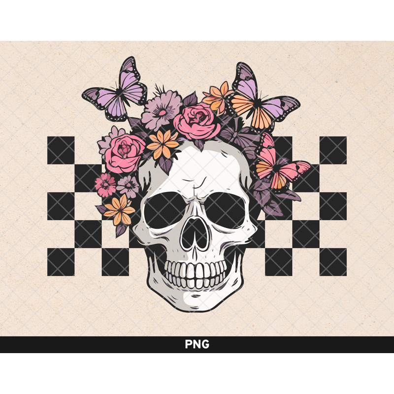 Retro Skull png, Retro Halloween Sublimation, Floral Skull png, Skull Checkers Png, Vintage Skull with Flowers png, Cute Halloween Design - 1.jpg