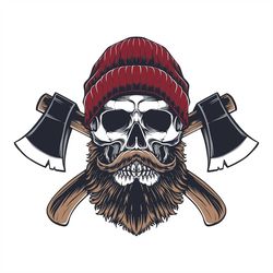 hand drawn hipster skull in red hat and brown beard with axes illustration svg skeleton head clipart silhouette vector c