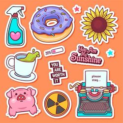 doodle stickers svg bundle hand drawn pig sunflower donut clipart cut files for cricut digital download silhouette vecto