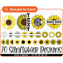70 sunflower svg bundle, sunflower monogram, sunflower png, half sunflower svg, layered svg files for cricut, tumbler, c