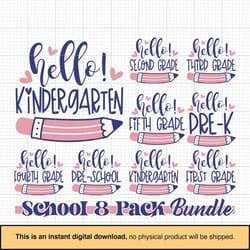8 back to school svg bundle, hello school svg, teacher svg, school, school shirt for kids, kids shirt svg, hand-lettered
