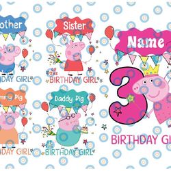 custom peppa pig birthday boy png, birthday party png, custom name and age birthday family matching svg  ,peppa pig fami