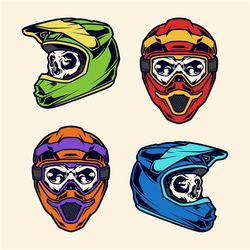 hand drawn biker skulls in helmets svg bundle motorcycle skeleton head cliparts set vector silhouette cut files for cric