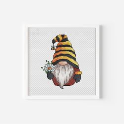 bee gnome cross stitch pattern, gnome cross stitch pdf file, bumblebee cross stitch, flower cross stitch, funny bee hat