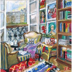 multicolor paris interior. original acrylic painting 8x8''