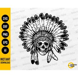 native american skull svg | warrior headdress tribal aztec tattoo shirt | cricut silhouette cut files clipart vector dig