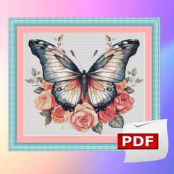 retro blue butterfly and flowers counted cross stitch pdf pattern, spring flowers, hand embroidery, modern cross stitch