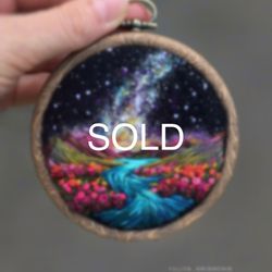 embroidered & needle felted tiny painting, space miniature, thread painting