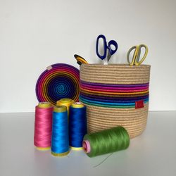 rainbow rope basket with lid 8'' x 8.5''