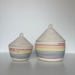 Set of 2 Rainbow rope basket with lid