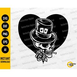 Heart Skull SVG | Skull With Top Hat SVG | Playing Cards Decal T-Shirt Tattoo | Cutting File Printable Clipart Vector Di