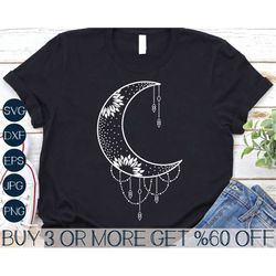 boho crescent moon svg, dreamcatcher svg, sunflower moon svg, celestial, floral, png, svg files for cricut, sublimation
