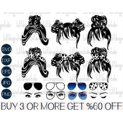 messy bun svg bundle, mom life svg, messy hair bun with glasses svg, sunglasses svg, png, svg file for cricut, sublimati