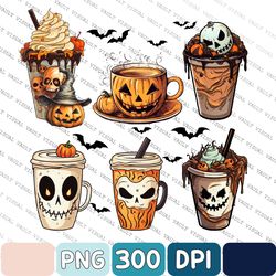halloween coffee png sublimation design, bundle skeleton coffee png, skull clipart, halloween coffee cups png, halloween