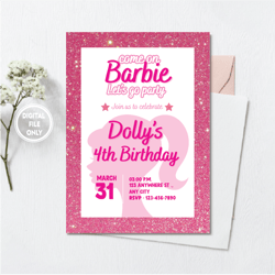 personalized file doll party invitation, doll birthday party, pink birthday invitation png file only
