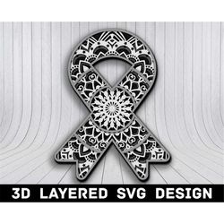 3d mandala cancer ribbon svg file, 3d ribbon mandala svg, mandala multilayers 3d laser cut, cancer ribbon mandala svg fi