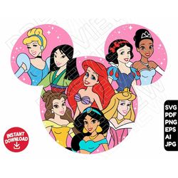princess svg princesses ariel belle aurora jasmine cinderella mulan snow white tiana , disneyland svg png , cut file lay