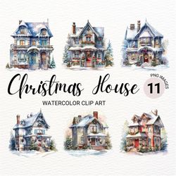 christmas house clipart | watercolor christmas village | winter holiday scene | junk journal | digital planner | commerc