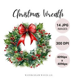 christmas wreath clipart | floral jpg | watercolor wreath | holiday digital planner | junk journal | winter clipart bund